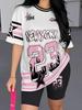 1116 new casual sports style digital printing shoulder sleeve T-shirt high waist tight shorts fashion suit women