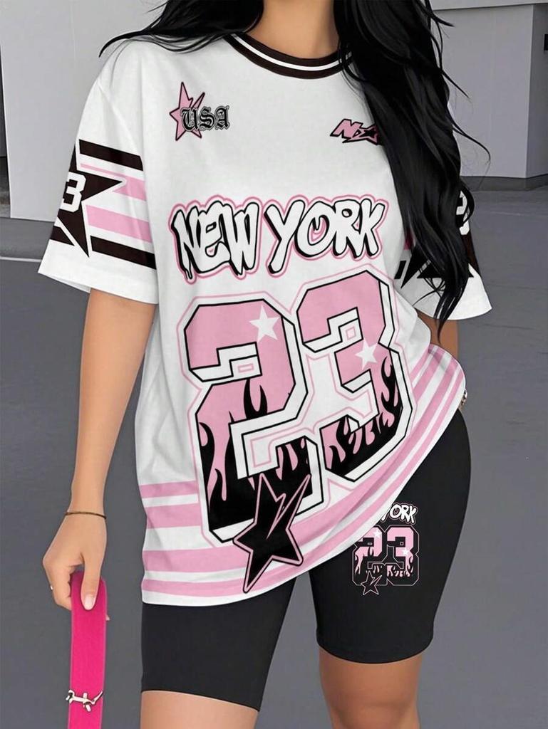 1116 new casual sports style digital printing shoulder sleeve T-shirt high waist tight shorts fashion suit women