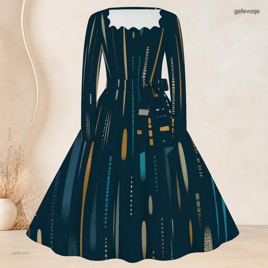 Women Plus Size Square Neck Long Sleeve Printed Tie Waist A Line Flared Dress