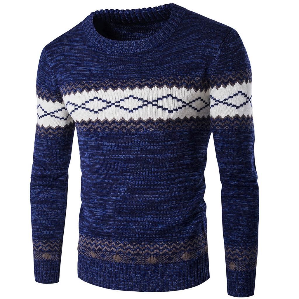 Fashion Ethnic Style Slim Bottoming Knitted Sweater Men's Color Blocking Round Neck Sweater Plus Size
