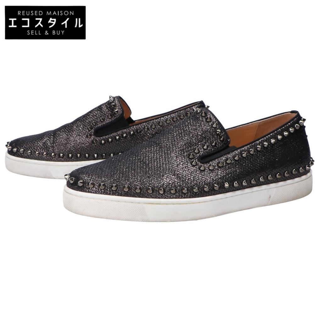 Christian Louboutin PIK BOAT FLAT Pick Boat Lame Fabric Spike Slip-On Shoes 44 Black seriesUsed