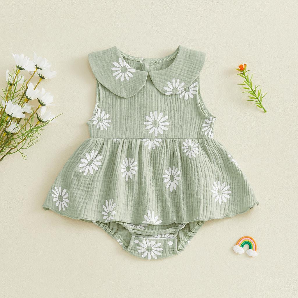 Infant Baby Girl Romper Dress Summer Doll Collar Sleeveless Daisy Flower Print Jumpsuit