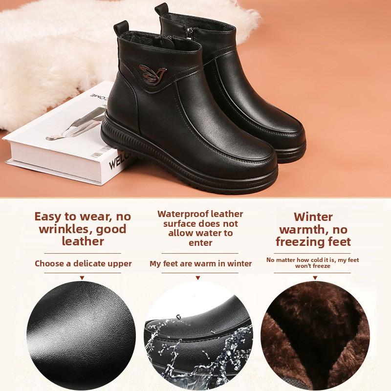 Mode Winter Damen Elegant Komfort Weiche Sohle Leder Stiefeletten Dick Plüsch Warm Schnee Mutter Wasserdicht Rutschfeste Stiefel