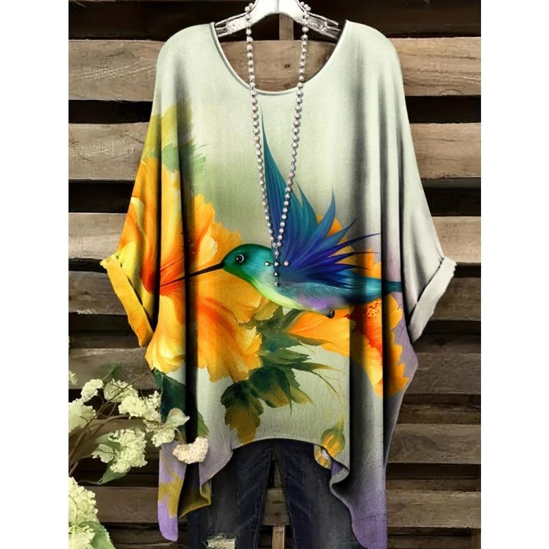 T-shirt Estiva da Donna Stampa Colibrì Pavone Girocollo Coda Comoda Manica Corta Oversize Orlo Irregolare Top