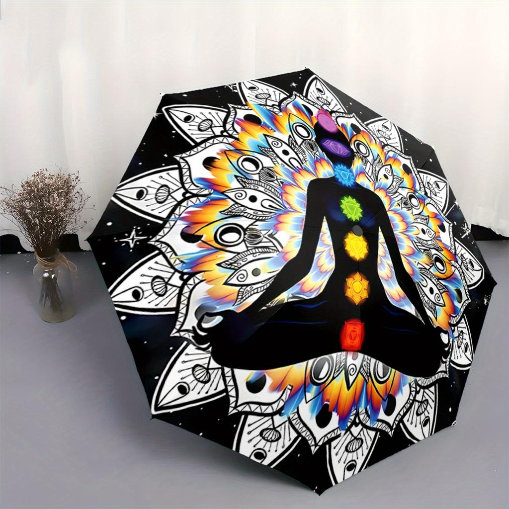 1pc Automatic Folding umbrella with Chakra Yoga Design - Automatic Open/Fold, 8-Rib sturdy structure, Yoga Meditation, Portabl