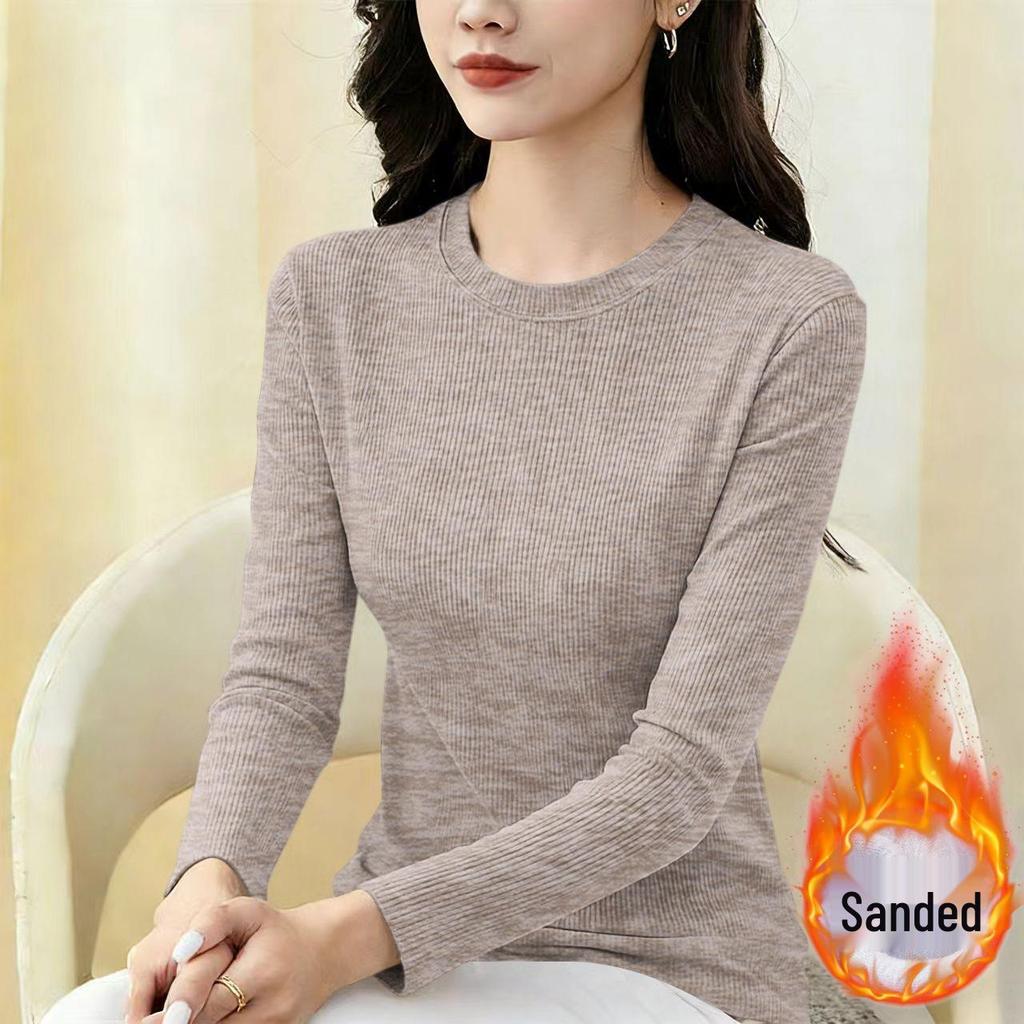 2026 Women's Fleece-Lined Slim Fit T-Shirt: Simple Round Neck Base Layer for Spring, Autumn, Winter