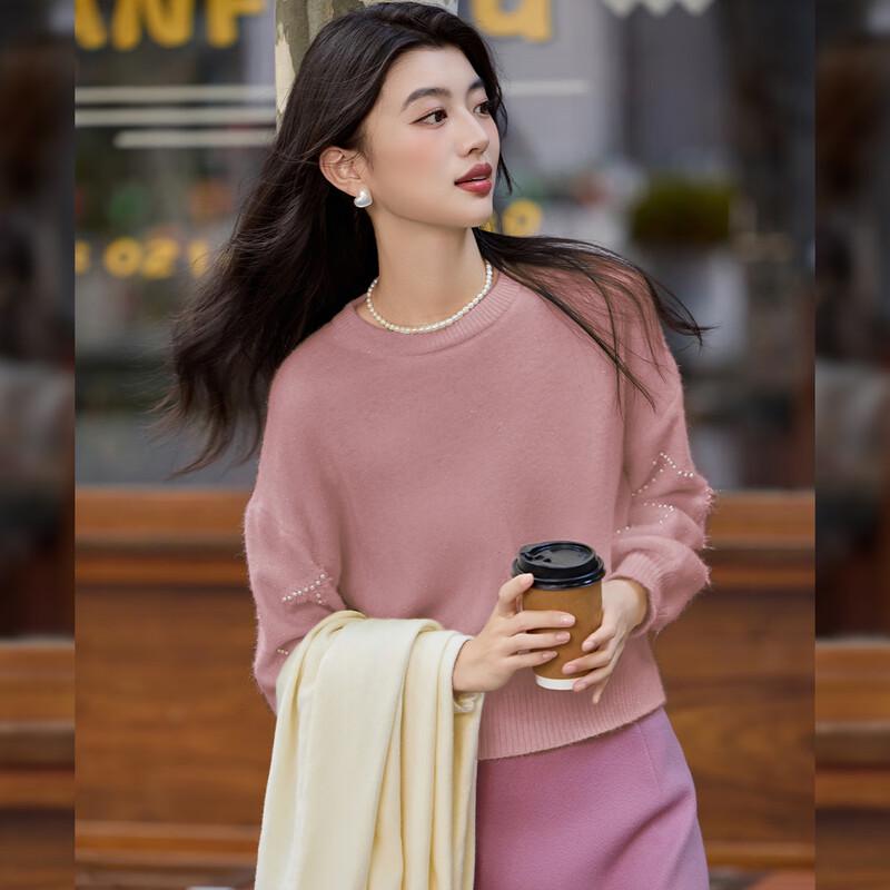 Bailuyu Elegant Beaded Round Neck Drop Shoulder Knit Sweater