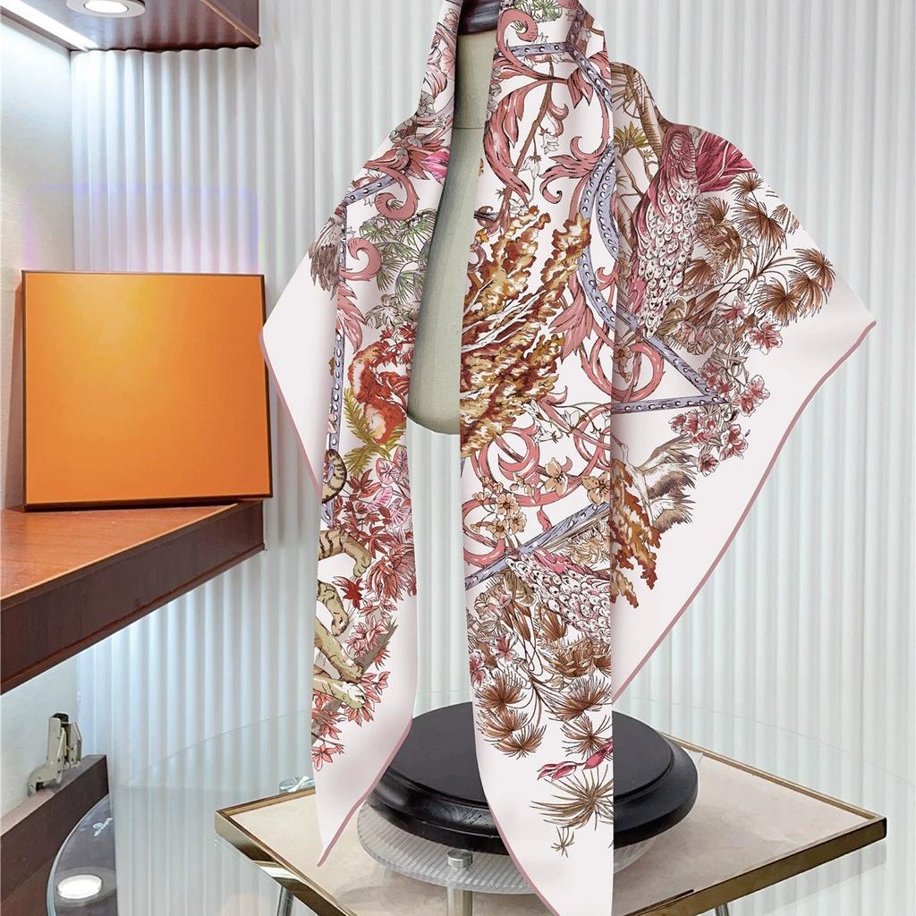 90CM Lady Decoration Twill Scarves Travel Sunscreen Shawl Animal In Forest Printed Square Hair Scarf Shawl Stole Hijab for Women