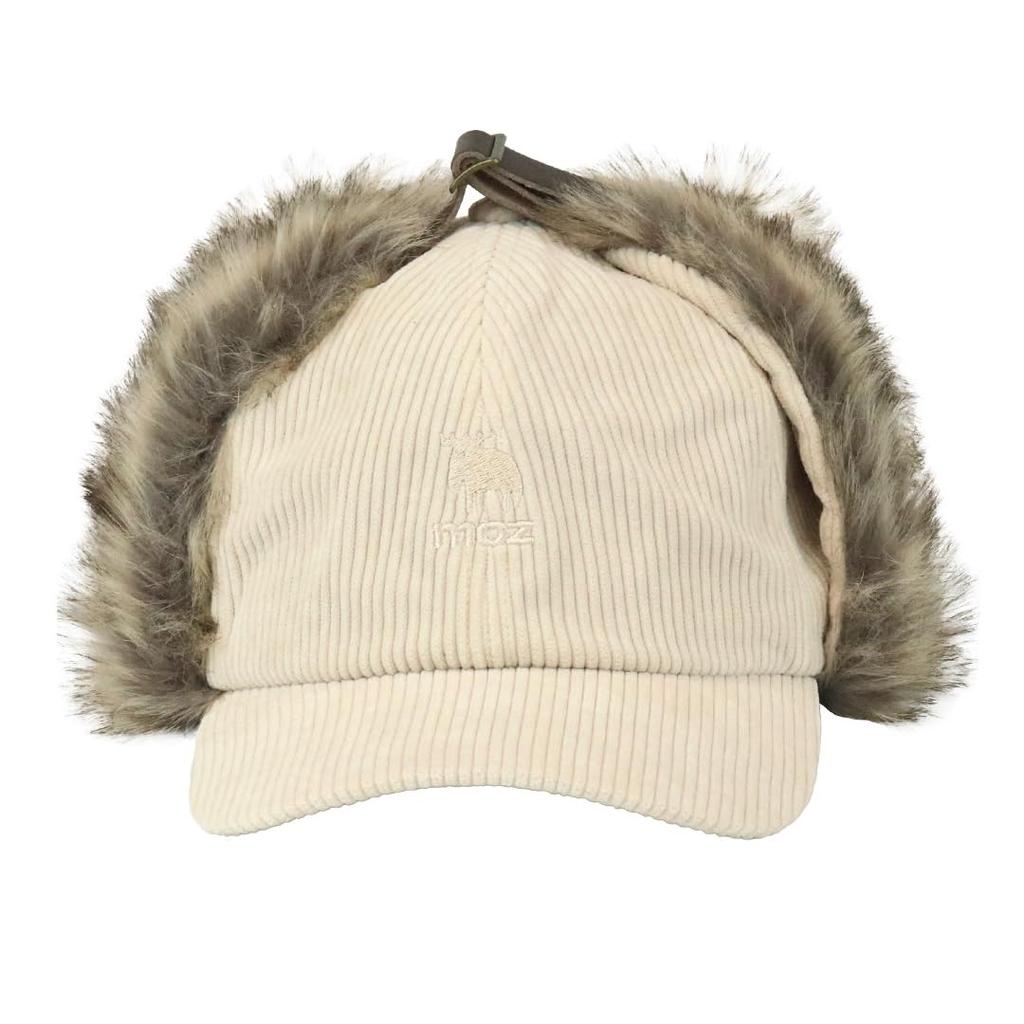 Moz Flight Cap with Ear Flaps, Men's and Women's Pilot Hat, Corduroy with Logo and Fur, Perfect for Fall and Winter, Ivory and Off-White