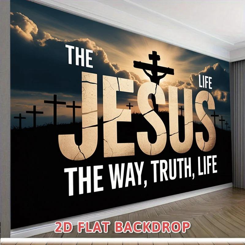 Textilien Unisex Peach Jesus The Way The Truth The Life Tapestry 2D Flat Printed Skin Cross Wall Hanging For Church Home Prayer Room Decor