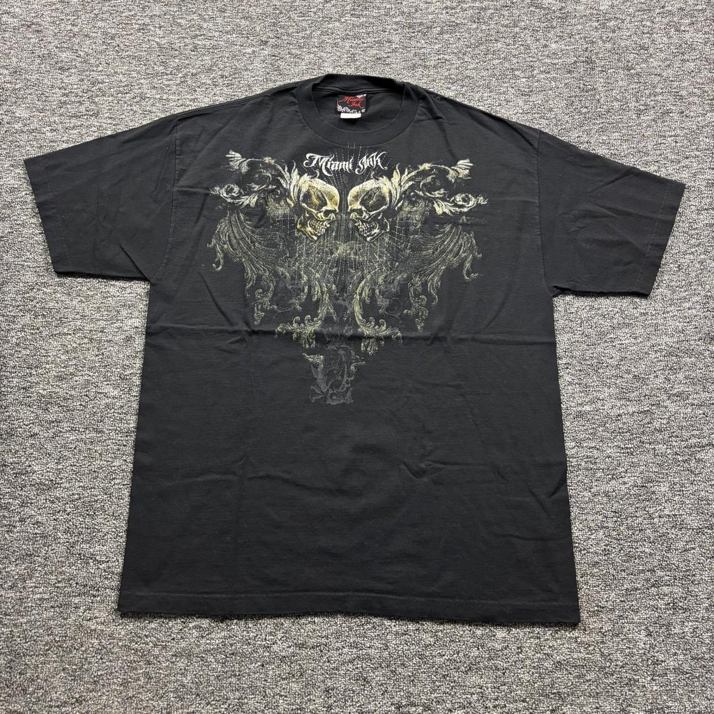 Grunge Y2K Miami Ink Gothic Skulls Graphic Black T-Shirt Size XL Unisex T-Shirt