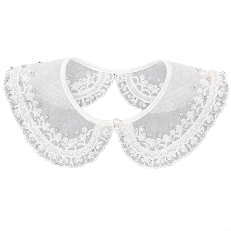 49ME Stylish Rhinestones Embellished Faux Collar for Women Blouse Multipurpose Shirt Accessory Lace Trim Organza False Collar