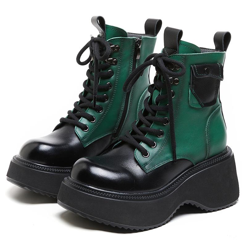 Boty na vysokém podpatku na platformě z pravé kůže 2024 Zima se silnou podrážkou Smíšené barvy s kulatou špičkou Dámské plyšové krátké boty