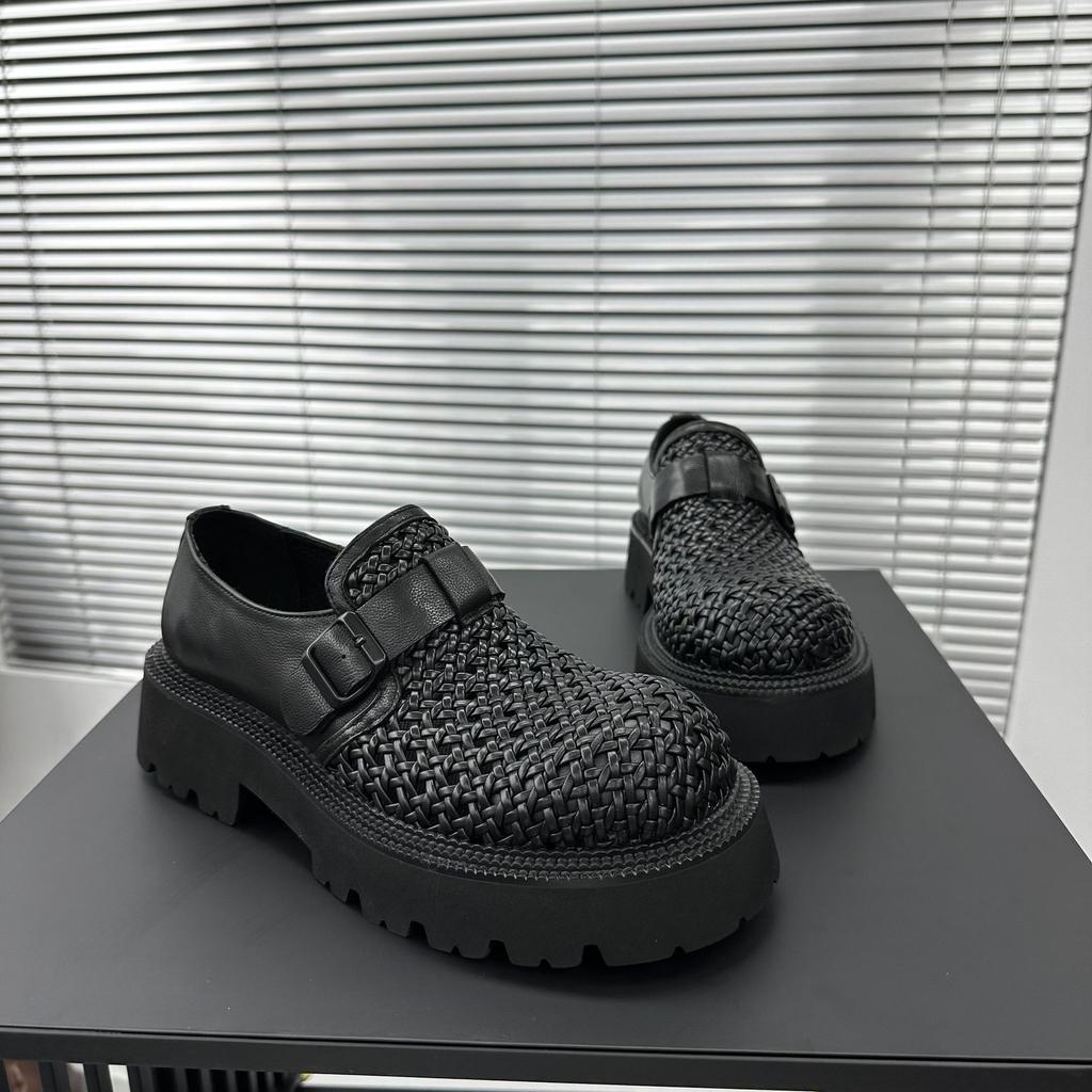 Genuine Leather Men's Shoes 2025 New High-end Woven Hollow Breathable Loafers British Style Platform Trend Big Head Shoes Men