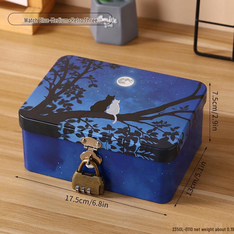 Lockable Retro Tin Box for Cosmetics, Documents, and Jewelry Storage