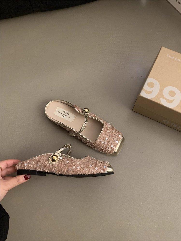 French sequined silver bag head half slippers women's 2025 spring and summer Xiaoxiangfeng Korean version temperament Mary Jane single shoes women's