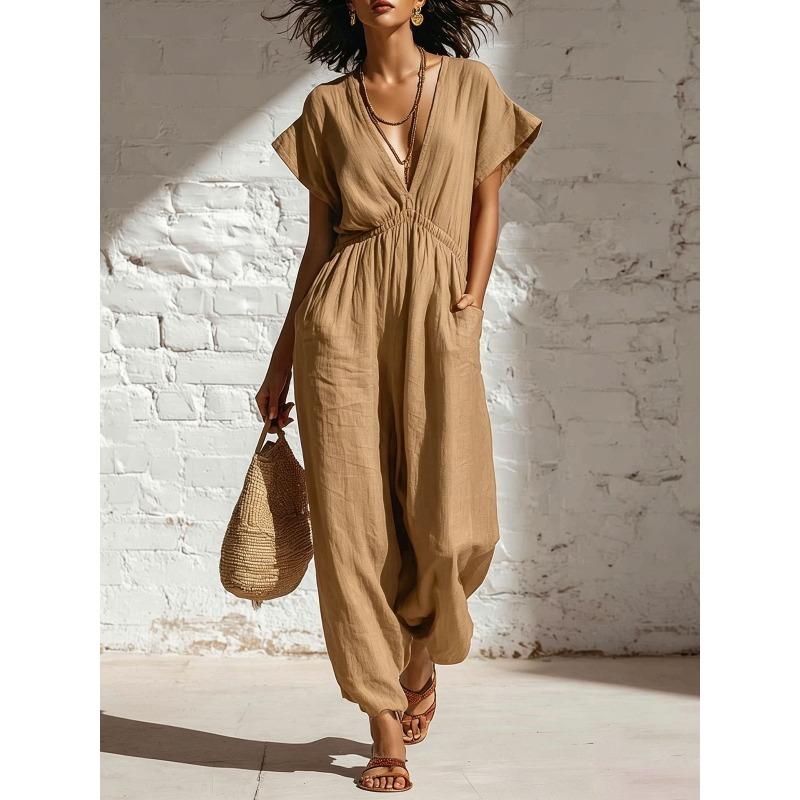 GMXIA Women's Fashion Casual Solid Color Print Summer Spring Short Sleeve V-Neck Suspenders trousers Jumpsuits & Rompers