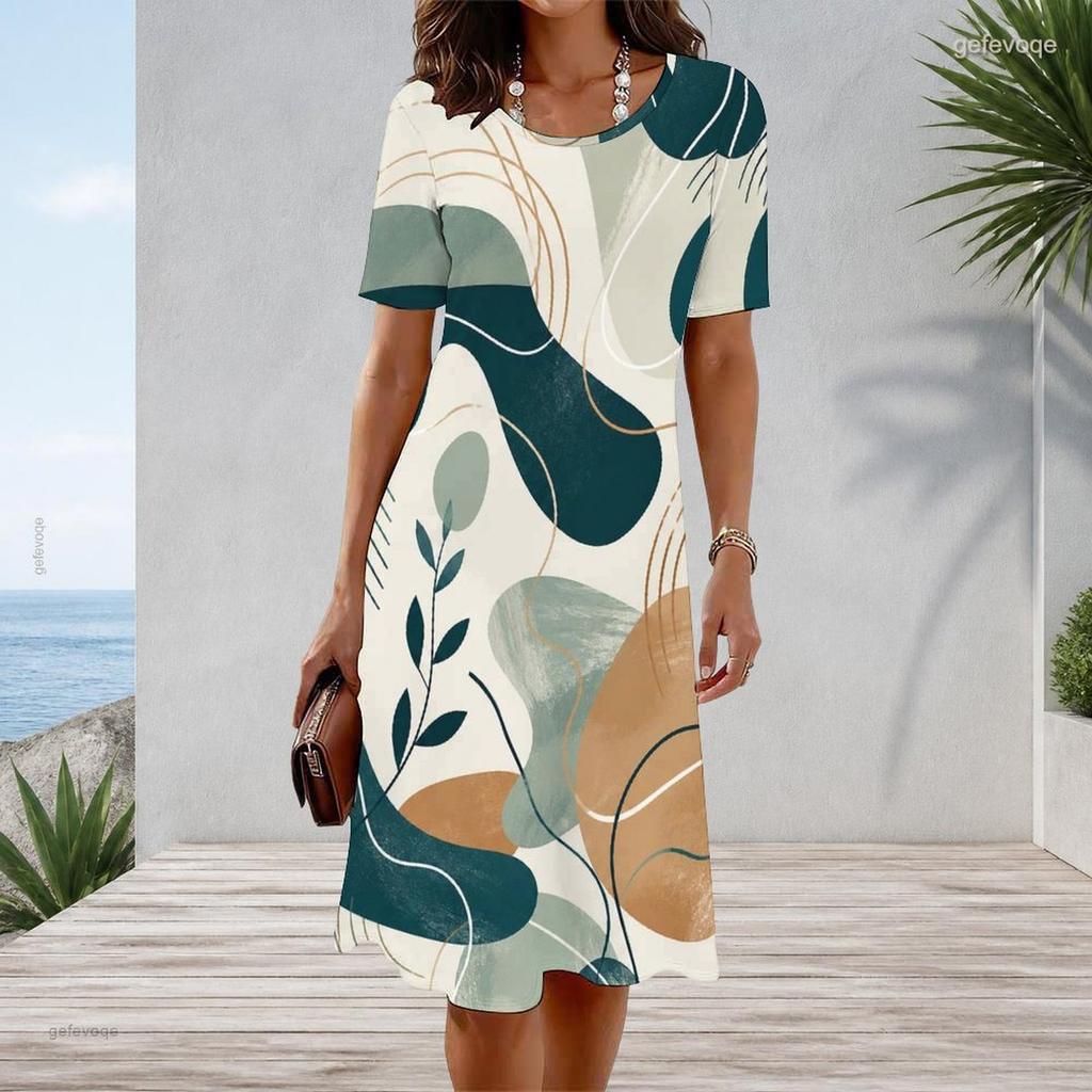 Women Plus Size Round Neck Short Sleeve A Line Printed Casual Dress