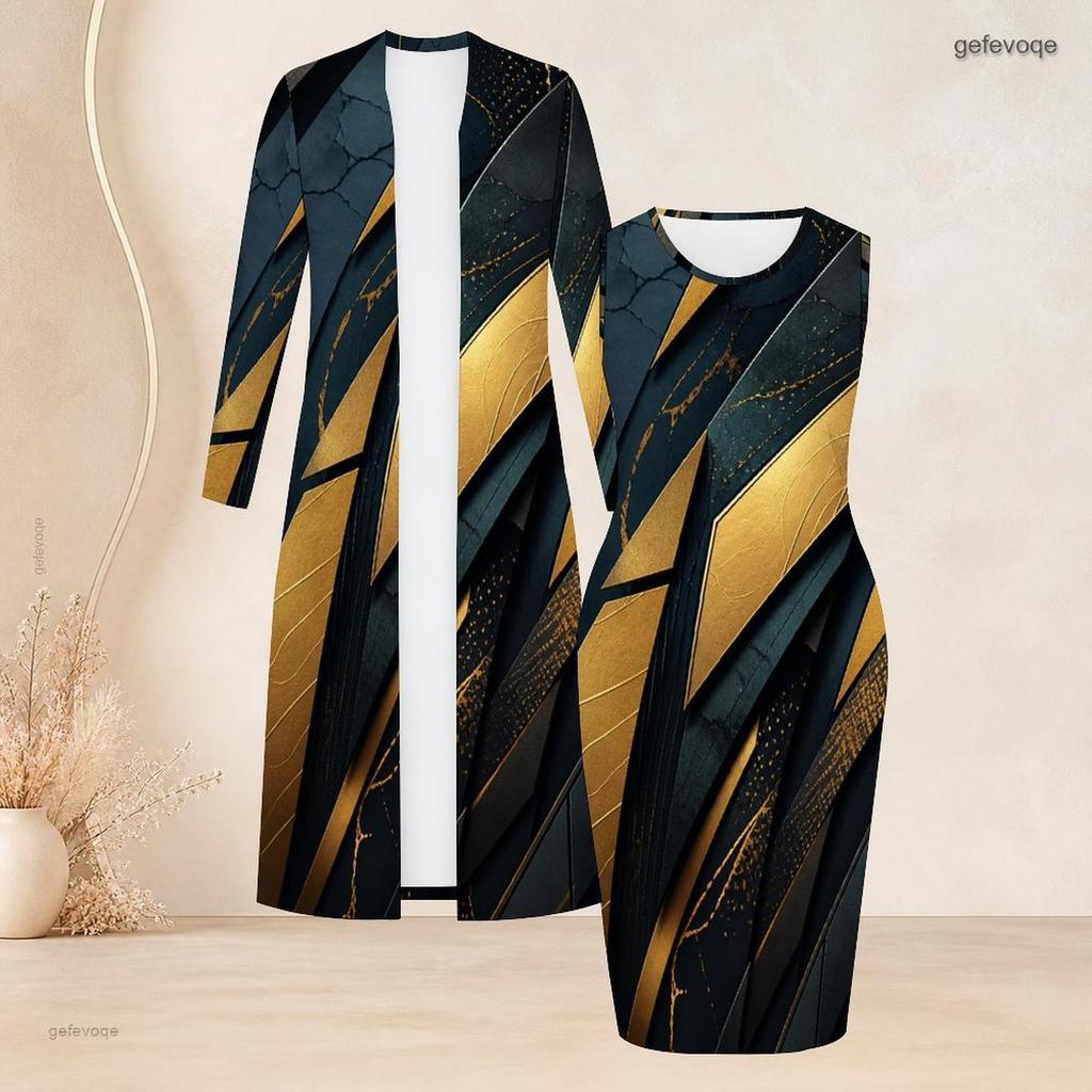 Women Plus Size Two Piece Set Black Blue Printed Long Sleeve Open Front Cardigan Sleeveless Bodycon Dress