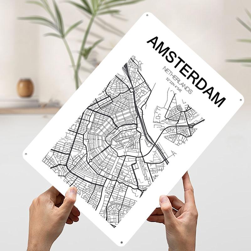 

Amsterdam City Map Poster Customized Wall Art Vintage Metal Signs Retro Tin Plaque for Man Cave Home Decor Living Room Wand Deko 20x30cm（7.8x11.8inch）