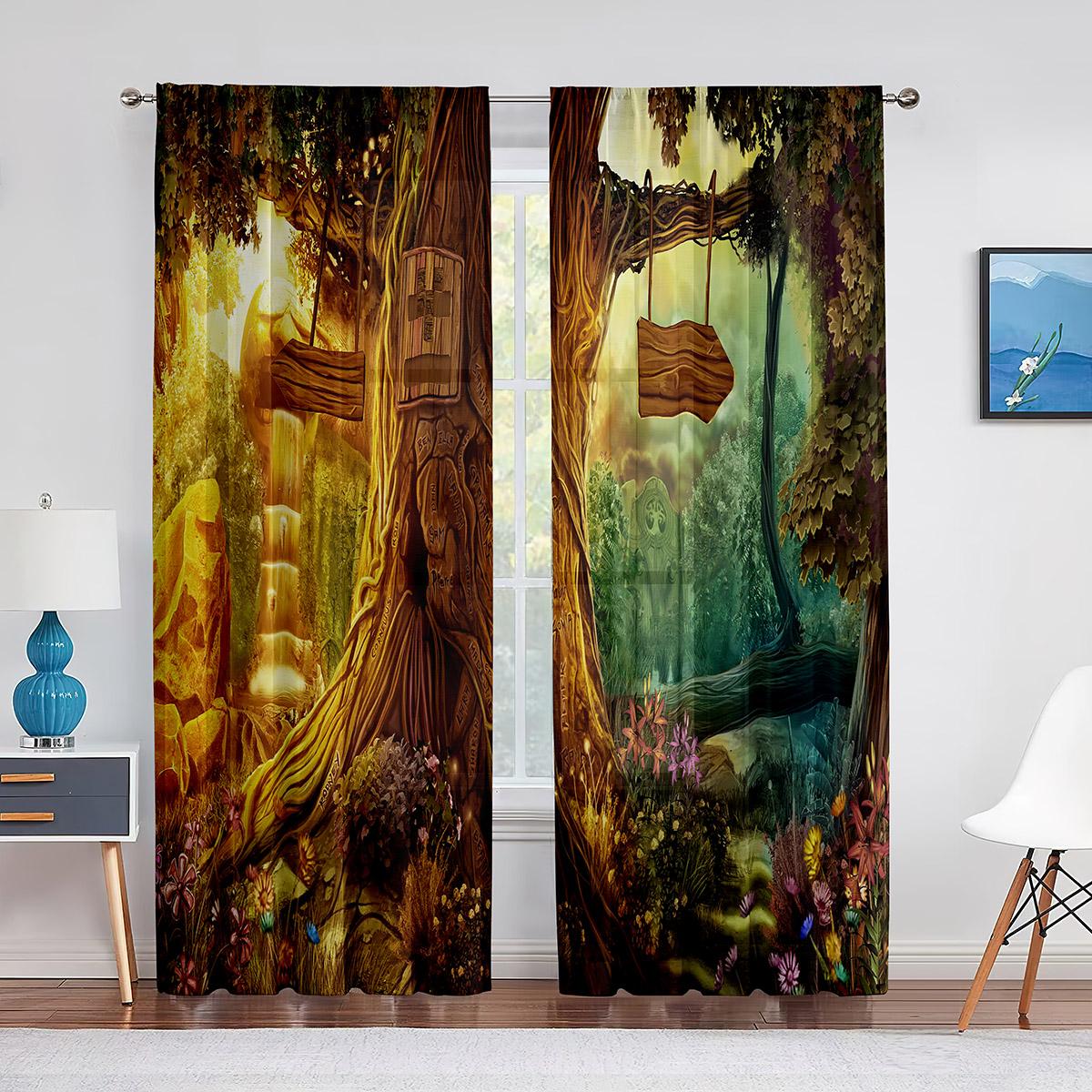 

Лесные сказки, фонарики и фэнтези, тюлевые шторы с большим деревом для украшения гостиной, спальни, шифоновая прозрачная занавеска из вуали 1 PCS W100XH250cm&Grommet Top