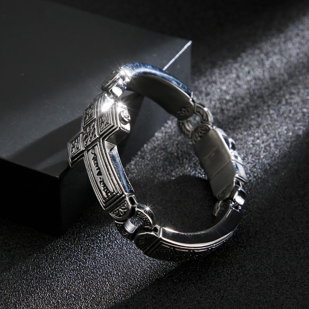 Fongten Cross Charms Bangle for Men Stainless Steel Heavy Mens Bangle Bracelets Male Retro Rune Silver Color Jewelry Armband