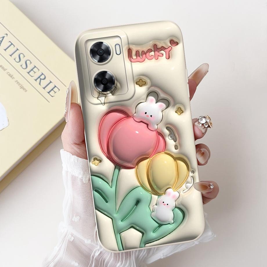 For Oppo A57 A57s A57e A77 A77s 4G Phone Case Oppo A77 5G A56s Back Cover Soft Liquid Silicone Pnada Rabbit Flower Cute Bumper