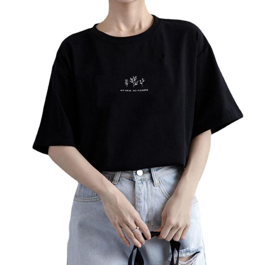 Summer Women Crew Neck T-shirt Loose Casual Solid Botanical Print Short Sleeve Tee T-shirts and Long Sleeves