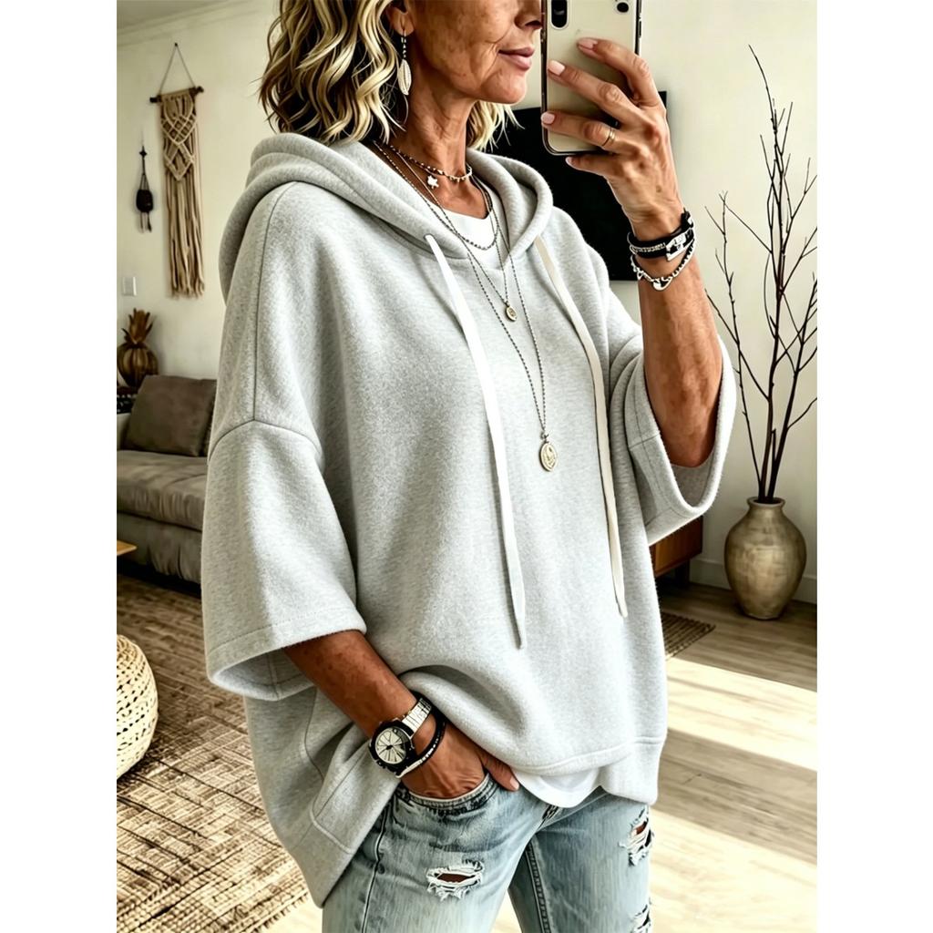 Women's Loose Seven Quarter Sleeves, Hooded Drawstring T-shirt, Batsleeved Top, Outerwear