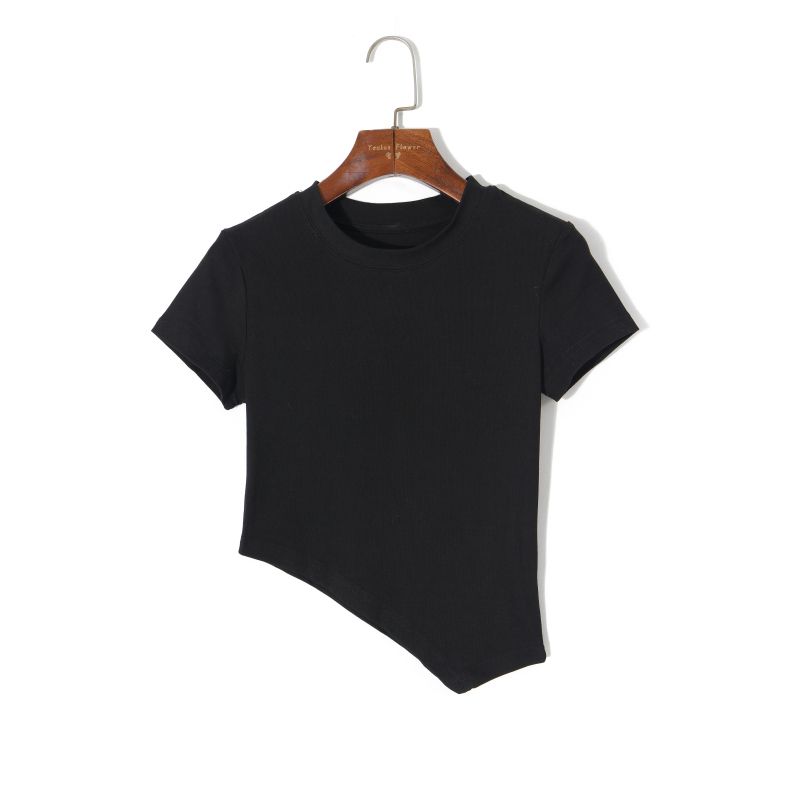 

2025 Summer Women s Clothing Minimalist Pure Color round Neck Pullover Short Sleeve Silm Stretch Plaid Asymmetrical Short T-shirt Black S