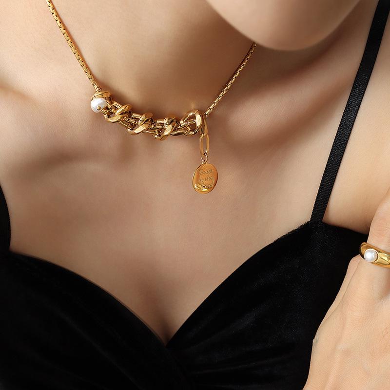 European & American Geometric Choker with Freshwater Pearl Pendant and Cuban Link Box Chain
