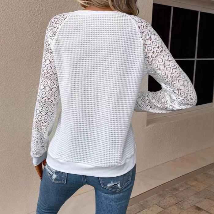 Solid Lace Long Sleeve Mesh Round Neck Casual Women Tee Top