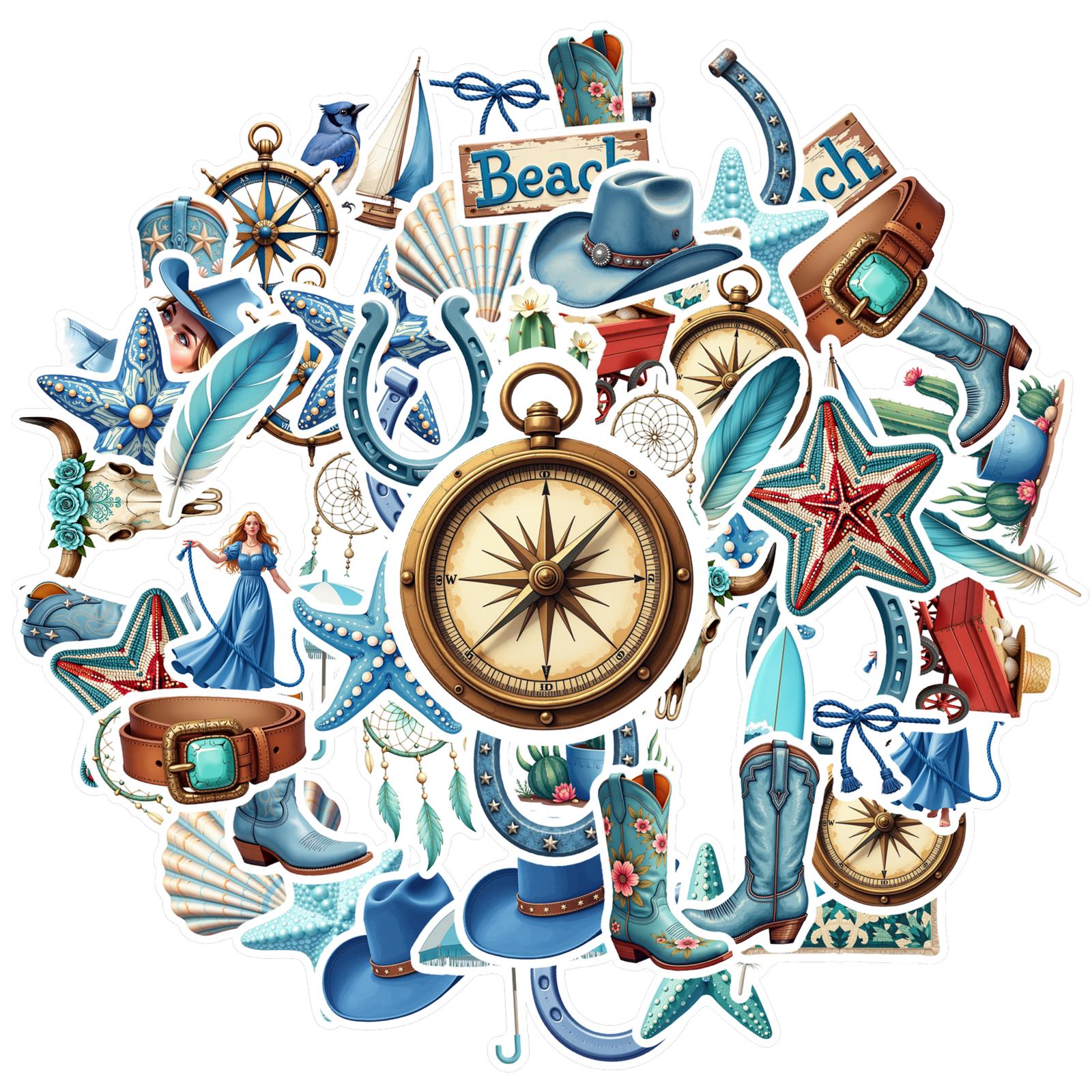 

35-100pcs Coastal Beach Stickers Blue Themed Cute Graffiti Decorative Luggage Notebook Waterproof Decal Stationery