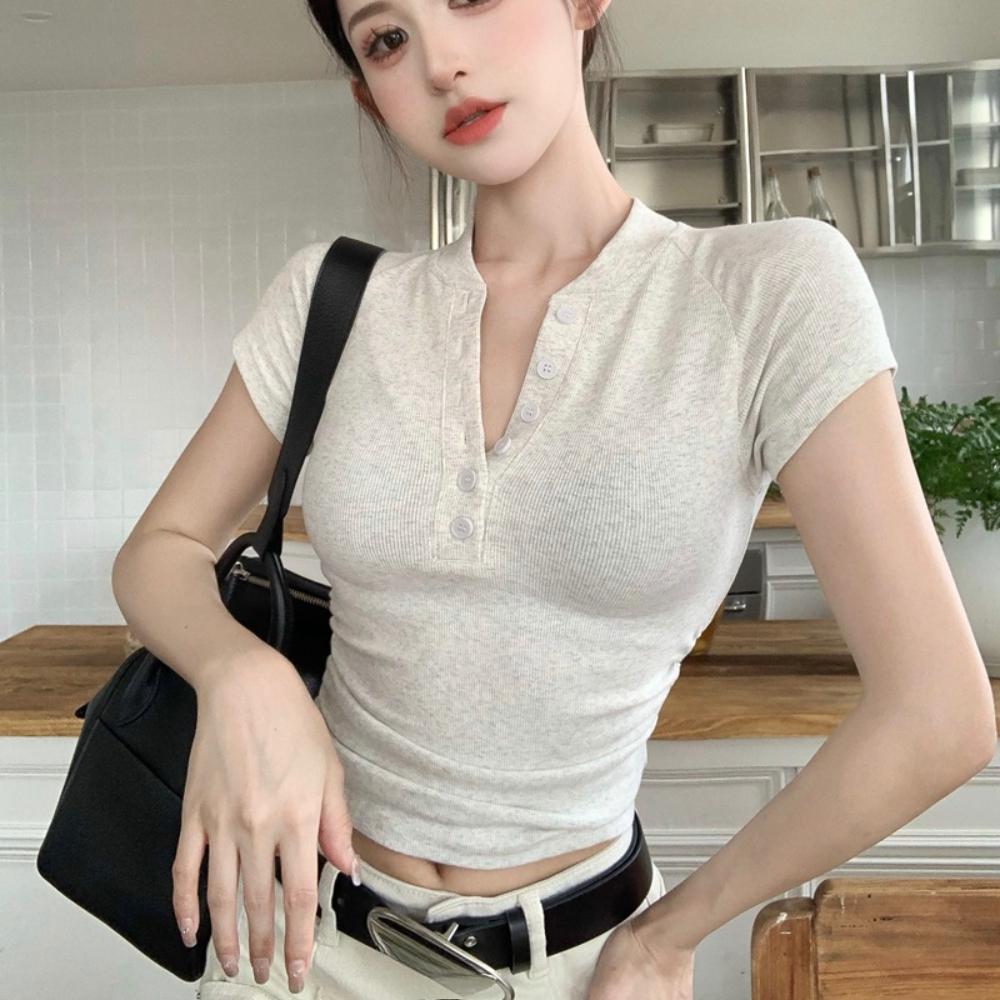V Neck Button T Shirt Basic Short Sleeve Crop Top Women T-shirt Casual Tank Top Slim Female Crop Top Fashion Girl Tee Shirt Y2k Streetwear