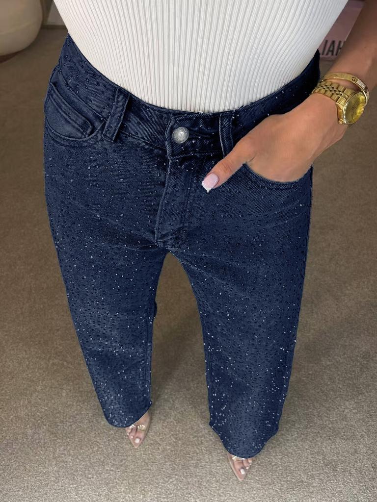 Jeans Dritti a Vita Alta da Donna con Strass su Tutta la Superficie Denim Lavato ad Alta Elasticità Pantaloni Larghi Lunghi Streetwear di Lusso S-3XL