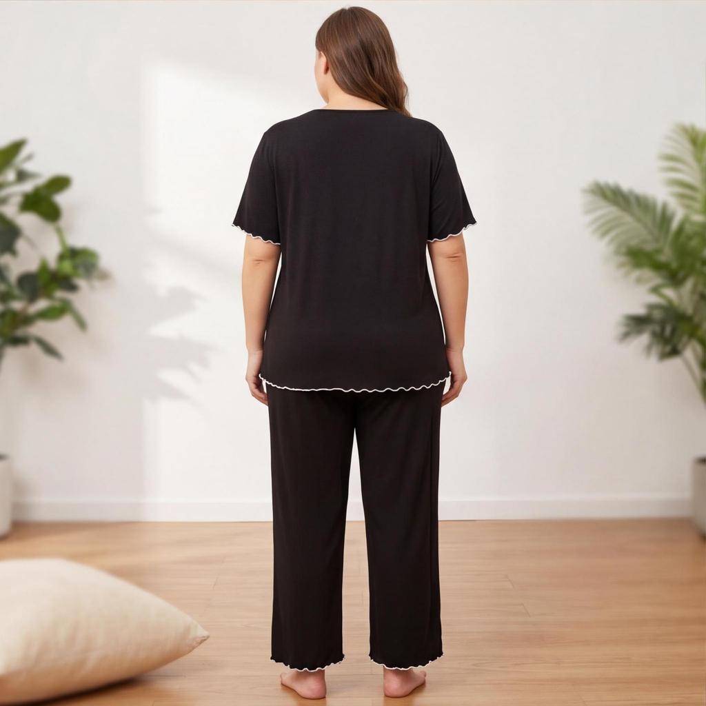 Europäische und amerikanische große Größe lockere und bequeme Loungewear einfarbiger Pyjama mit Schleife kurzärmelige Oberteile und Hosen zweiteiliges Set