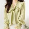 Camisa de gasa de manga larga con nudo de mariposa para mujer Nueva de alta gama y elegante Juvenil y estilosa Camisa pequeña