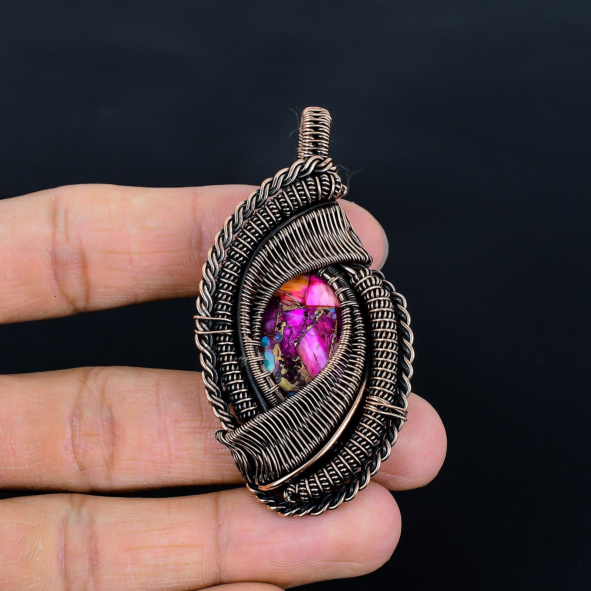 

Pink Spiny Oyster Pendant, Handmade Gemstone 999 Copper Wire Wrap Pendant Antique Jewelry, For Gift Copper Jewelry 2.68 Inches