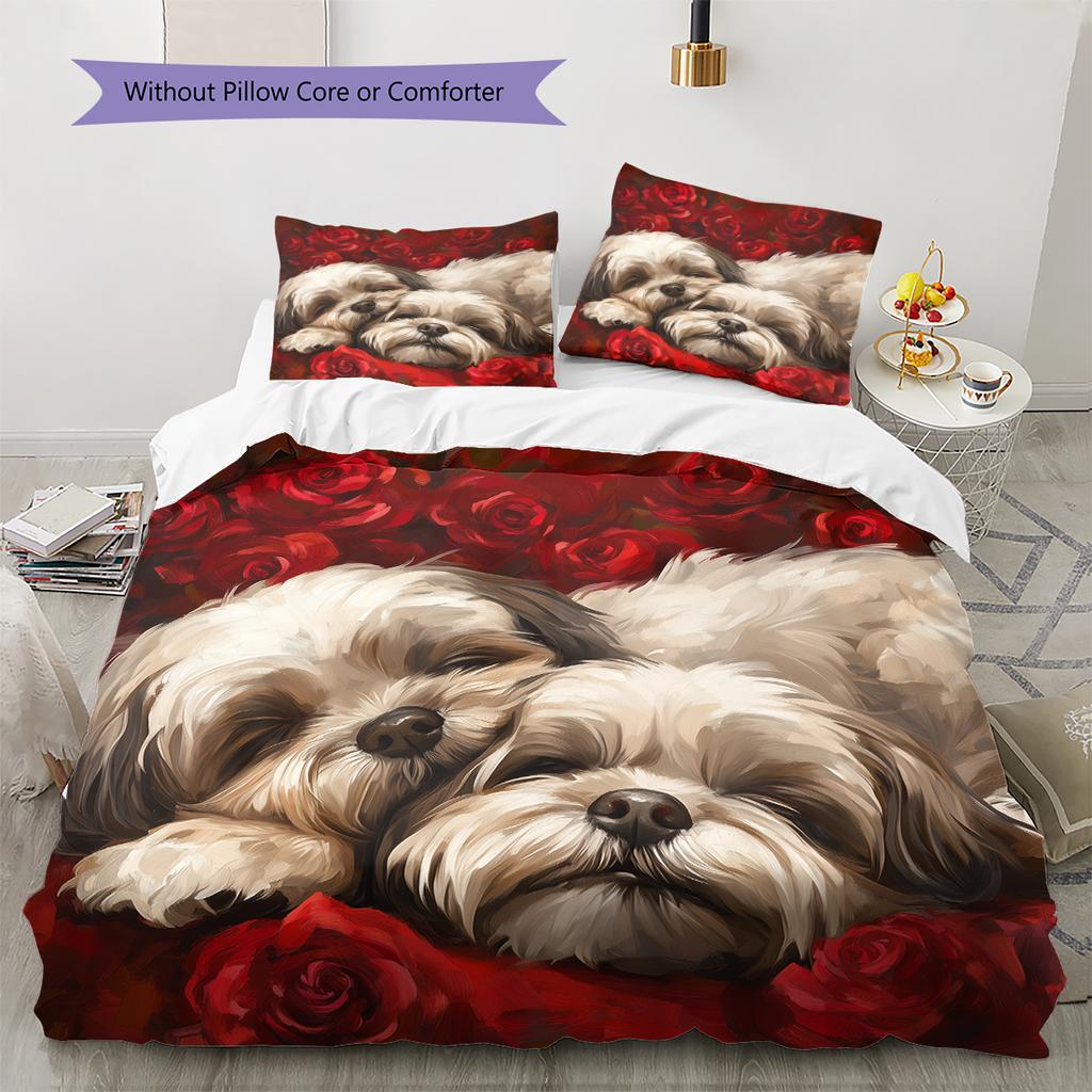 Shih Tzu and Flowers Pattern Bedding Home Decoration Birthday Gift (1 * Duvet Cover + 2 * Pillowcase, Without Core)