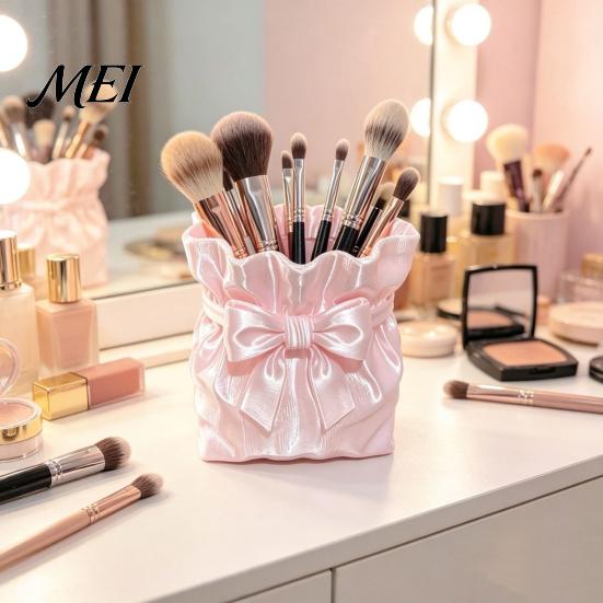 Powder Brush Holder Satin Bow Bag Makeup Holder, 3D Printed Beauty Tool Organizer Large Capacity for Desk, Bowknot Pouch Pencil Storage Container