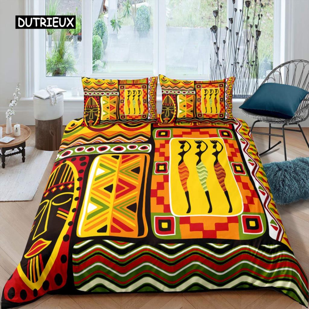 Ancient Egypt Duvet Cover Set Egyptian Symbol Bedding Set Vintage Pharaoh Pyramid Boho Tribal Polyester Quilt Cover 2/3pcs Queen