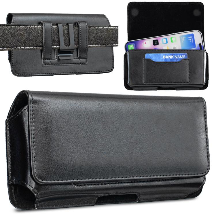 Black Horizontal Vegan Leather Phone Waist Bag For 6.3 Inch Mobile Phone Belt Pouch Portable Carry Holster Case