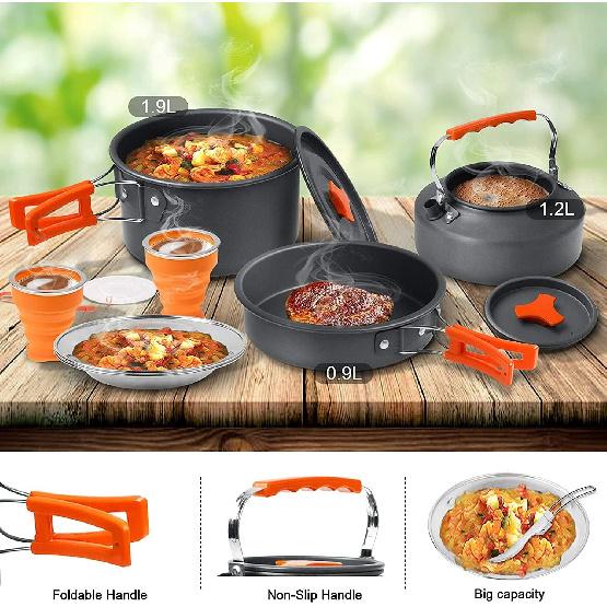 Camping Cooking Set Camping Cookware Outdoor Aluminum Mess Kit with Frying Pan, Pot with Lid, 1.2L Kettle Set and 2 Stainless Steel Plate, 2 Folding
