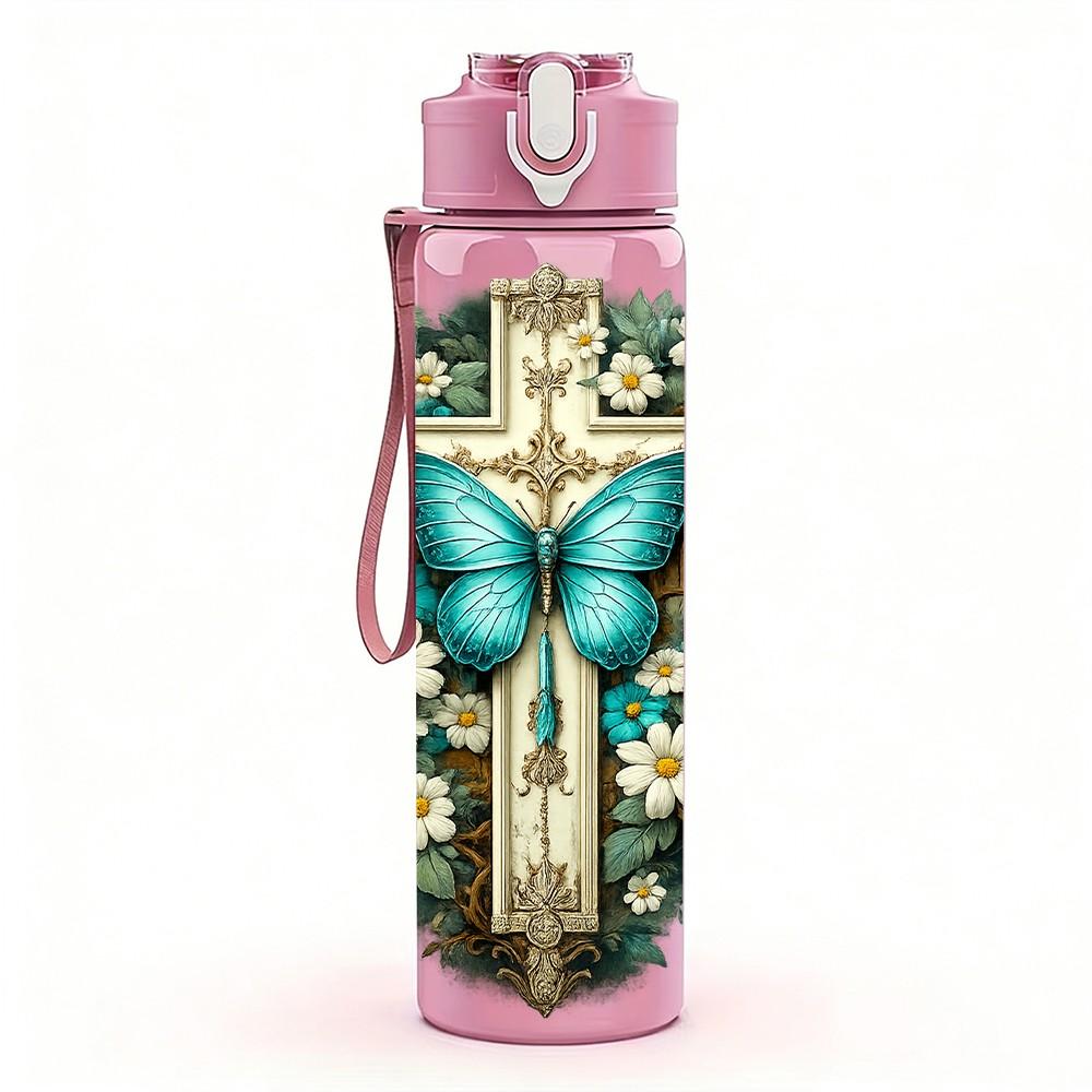 1PC Cross Rose Faith Art Print 750ml Color Plastic Sports Water Bottle Leakproof Flip Straw Lid Suitable for Sports Office Home Use