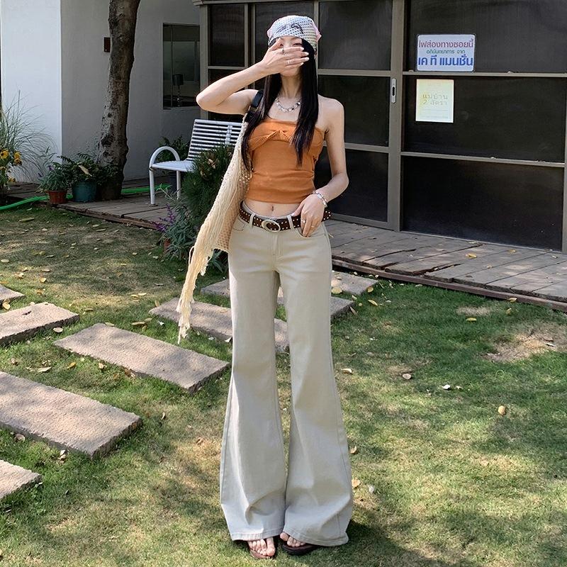Old Money Latte Milk Tea Color Elastic Slightly Stretched Waist Not Sticking Legs Thin Flared Pants Jeans Women