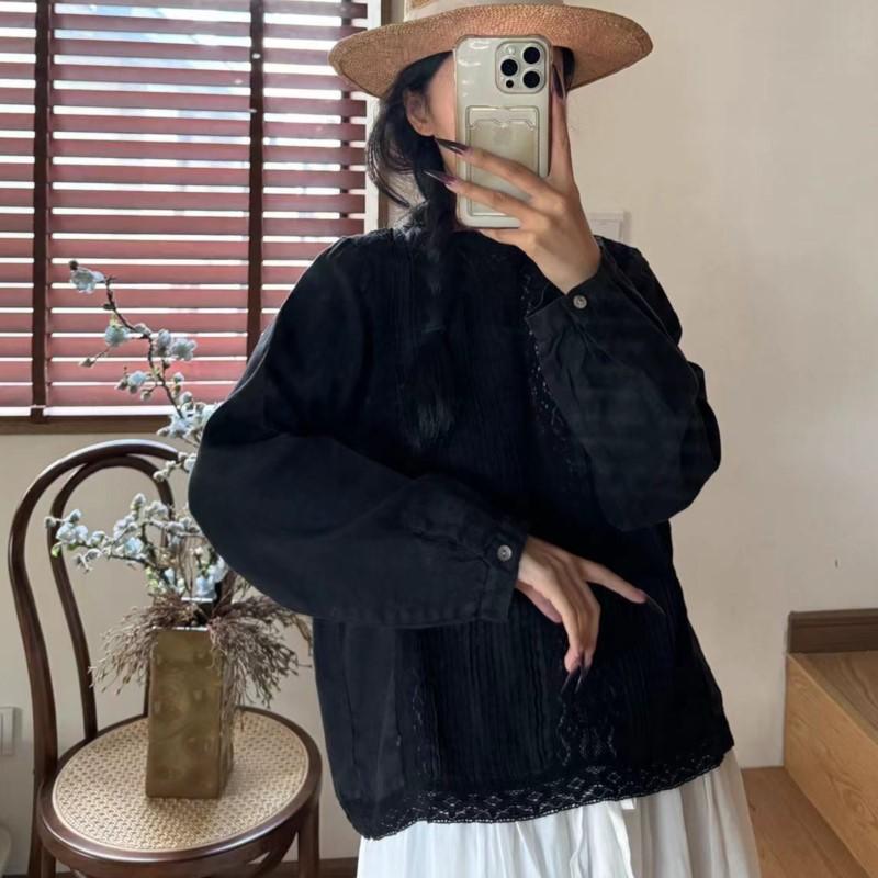 Johnature Spitzenshirt Leinen Schwarzes Shirt Langarm Damen Rundhals Lässig Einfache Blusen