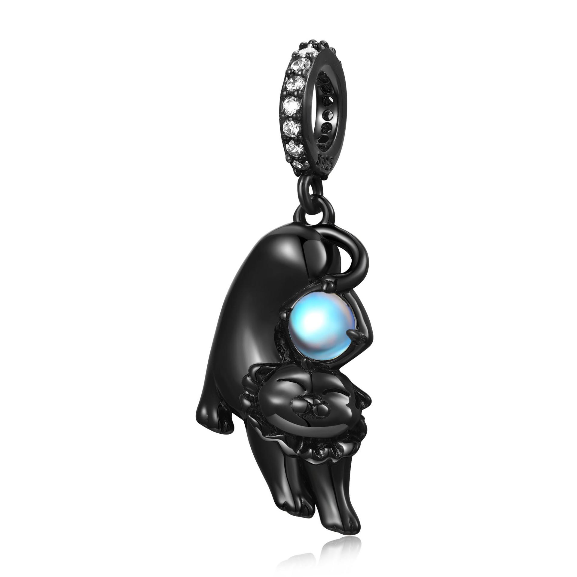 Original 925 sterling silver electroplated black gold inlaid moonstone cute animal black cat pendant bracelet DIY accessories hanging type S925 sterling silver