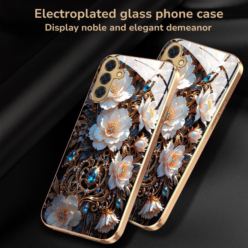 Vergoldete gehärtete Glas-Handyhülle, kompatibel Galaxy S26 S25 S24 S23 S22 Ultra Plus. Verfügt über ein trendiges weißes Blumenmuster.
