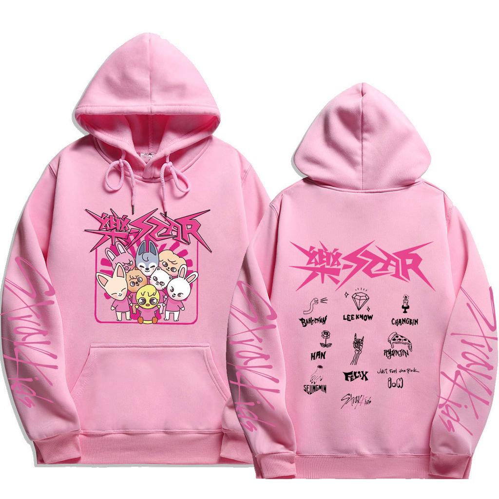 Stray Kids SKZOO Group Hoodie Rock‑Star Logo Prints & Back Members Names Doodle with Just Feel the Rock, Oversized K‑Pop Fan Pullover