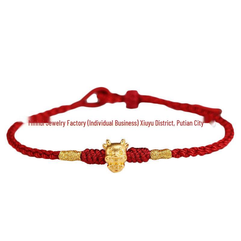 Year of the Horse Gold Wealth Bracelet with Pixiu, Clover Charm, and Red Rope